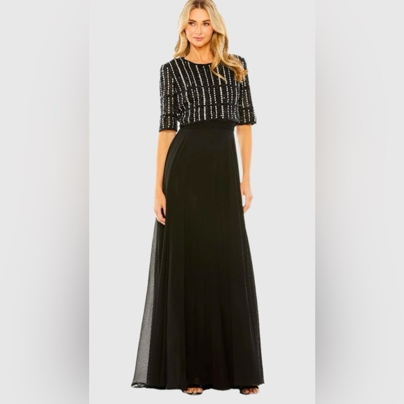 MAC DUGGAL 9180 NWT Black Chiffon Gown w/ Fully Beaded 3/4 Sleeve Top - Picture 1 of 10